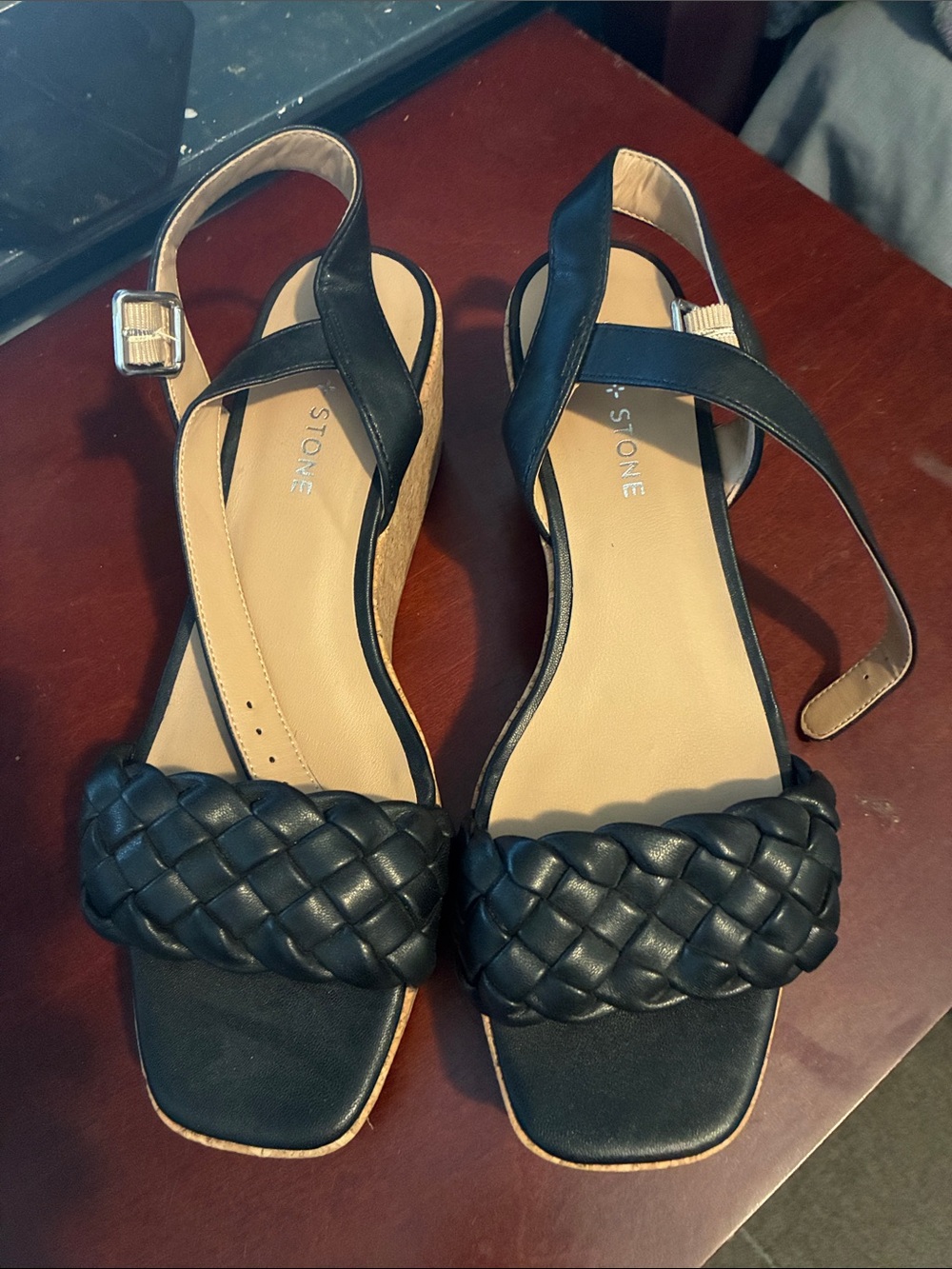 Sun + Stone Black Braided Front Wedge Sandals